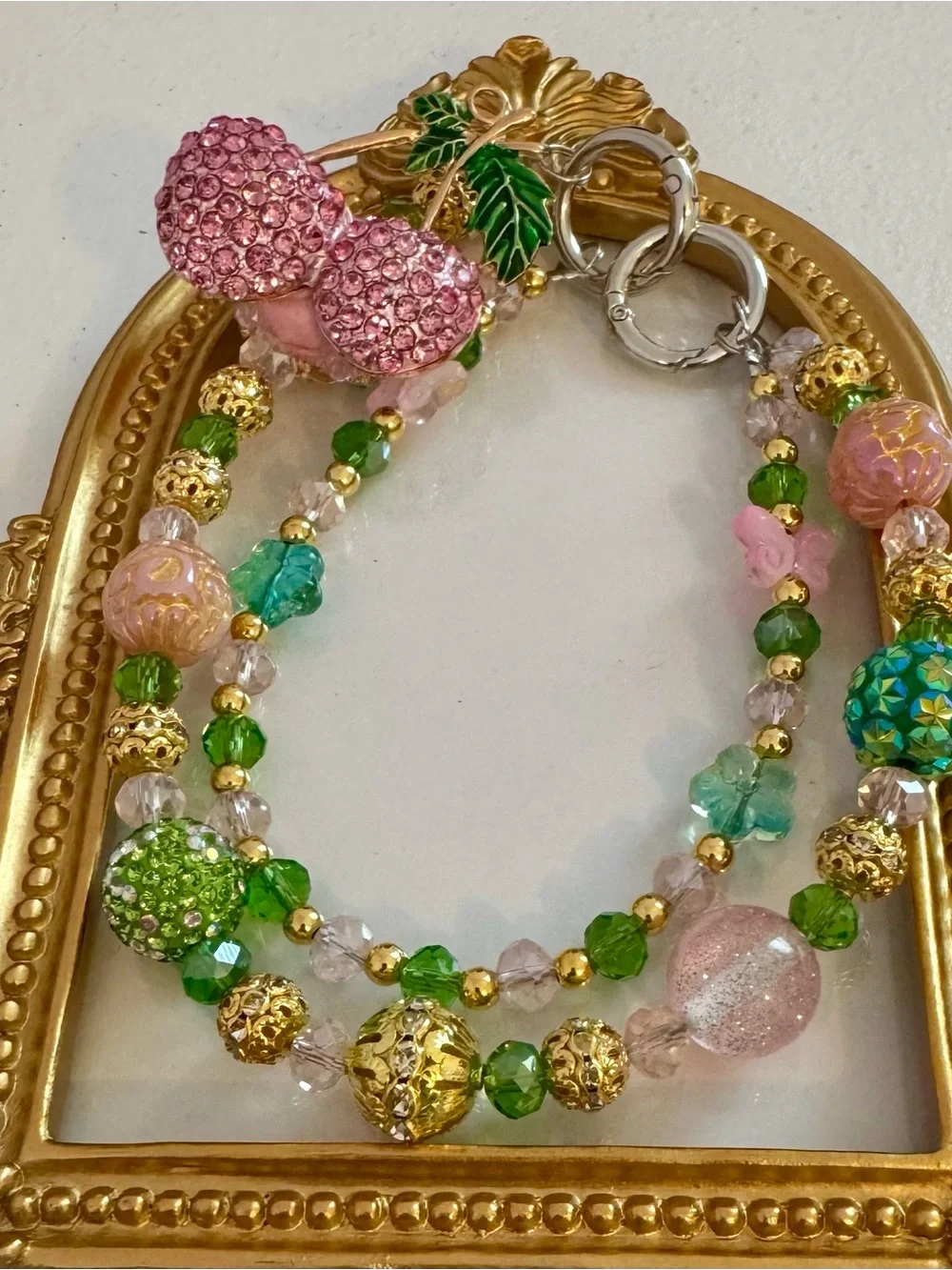 New Pink Cherries & Green Beaded Phone Chain